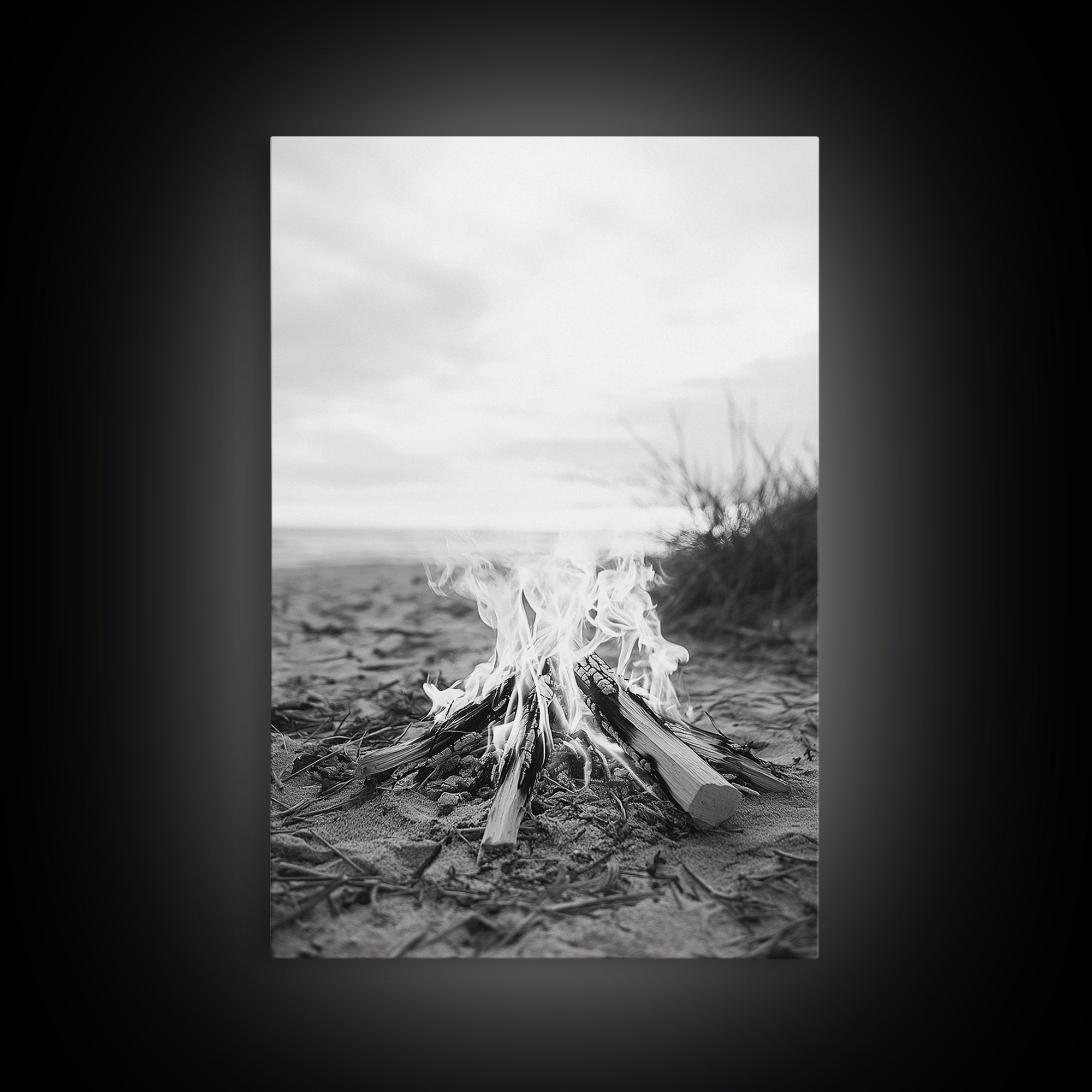 Campfire, Beach, Smoke, Glow - Cozy outdoor scene with flickering flame, Canvas Print, perfect rustic cabin or camping decor, Autumn Wall Art