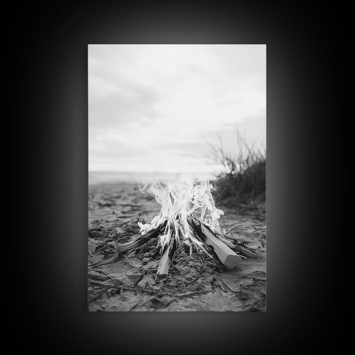 Campfire, Beach, Smoke, Glow - Cozy outdoor scene with flickering flame, Canvas Print, perfect rustic cabin or camping decor, Autumn Wall Art