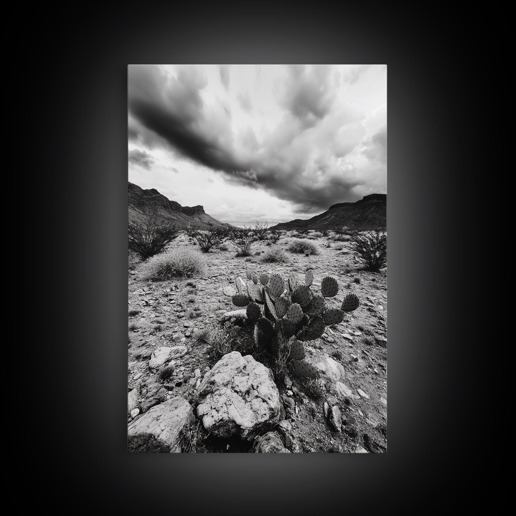 Desert Storm, Cactus Scene, Black White Art, Canvas Print, Southwest Wall Art, Earthy Tones Decor, Boho Style, Entryway Wall Accent