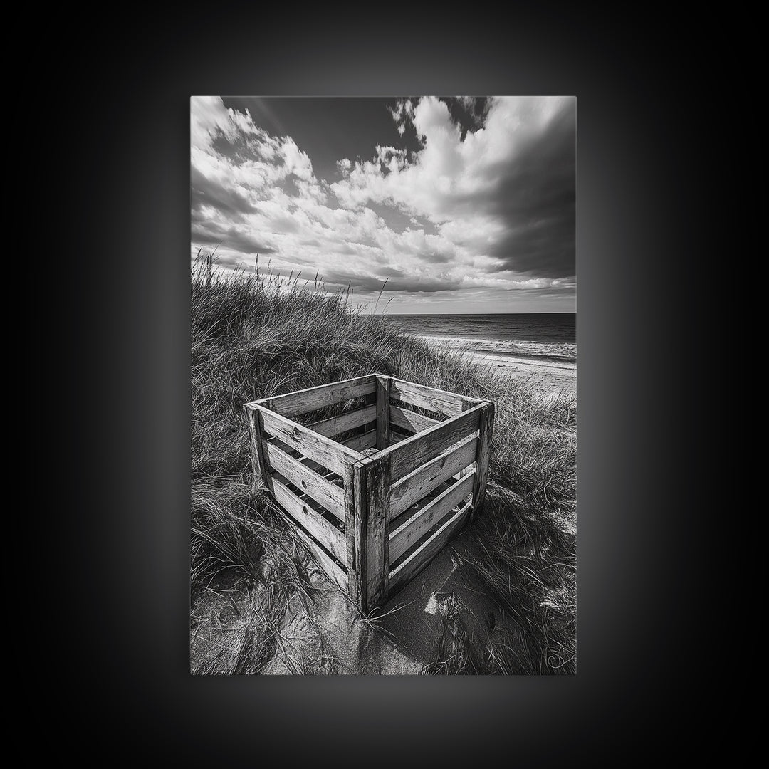 Weathered Crate, Ocean Dunes, Coastal Photography, Canvas Print, Beach House Wall Art, Minimalist Rustic Decor, Bathroom Wall Art