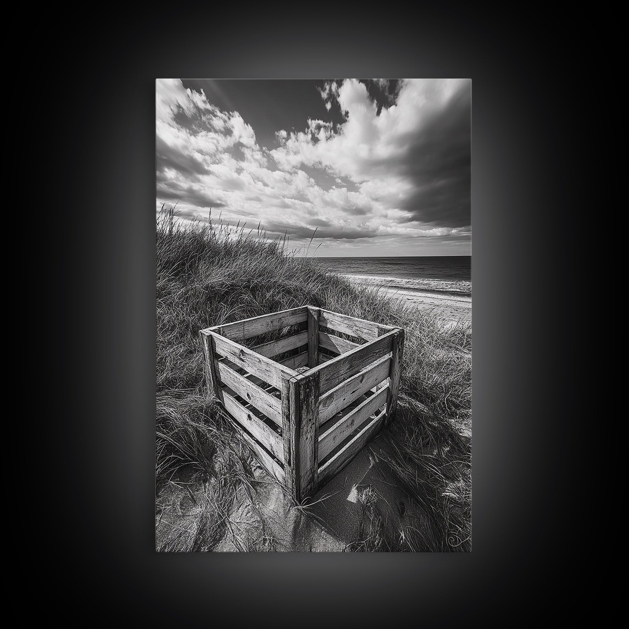 Weathered Crate, Ocean Dunes, Coastal Photography, Canvas Print, Beach House Wall Art, Minimalist Rustic Decor, Bathroom Wall Art