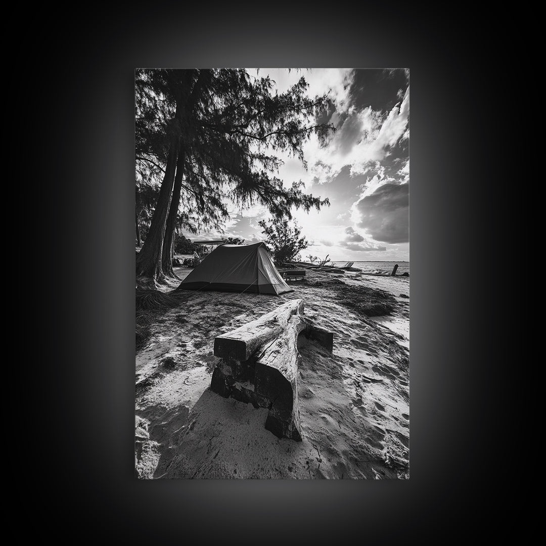 Tent, Beach, Sunset, Trees - Rustic camping coastal escape vibe, Framed Canvas Print, ideal bedroom or adventure nursery decor, outdoor art