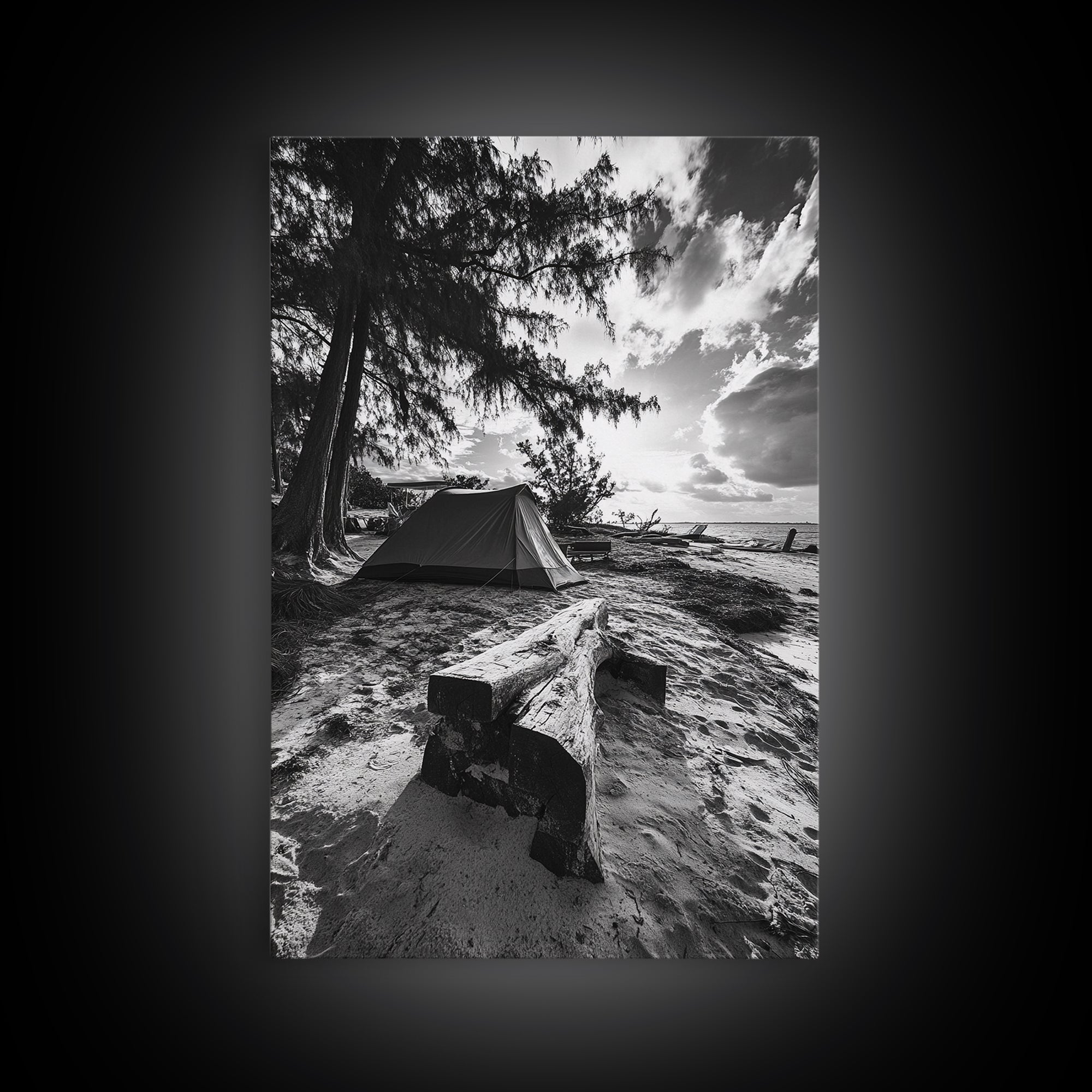 Tent, Beach, Sunset, Trees - Rustic camping coastal escape vibe, Framed Canvas Print, ideal bedroom or adventure nursery decor, outdoor art