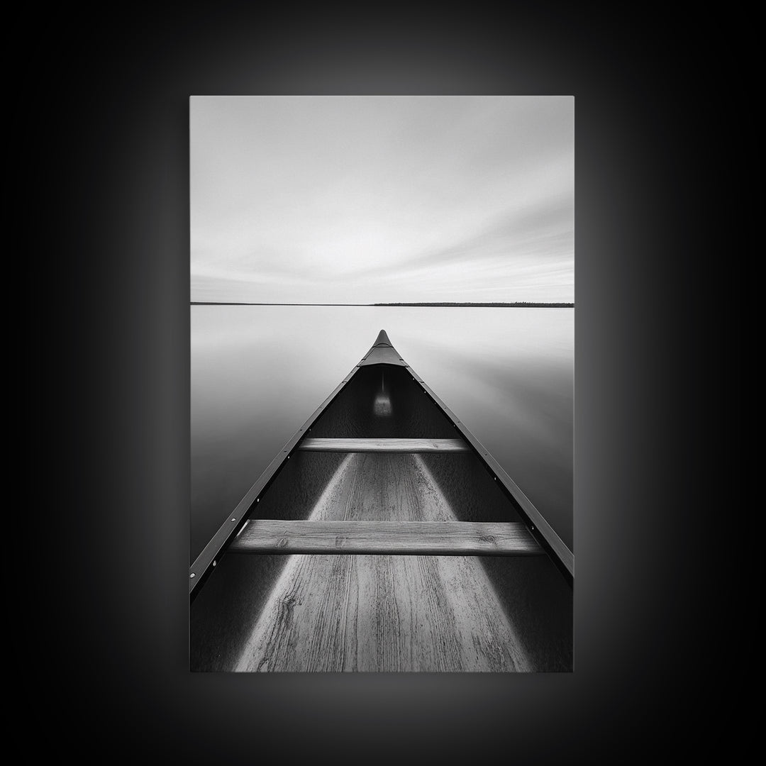 Canoe, Lake, Calm, Horizon - Minimalist lake paddle scene, Framed Canvas Print, peaceful home office art, Scandinavian decor, wilderness print