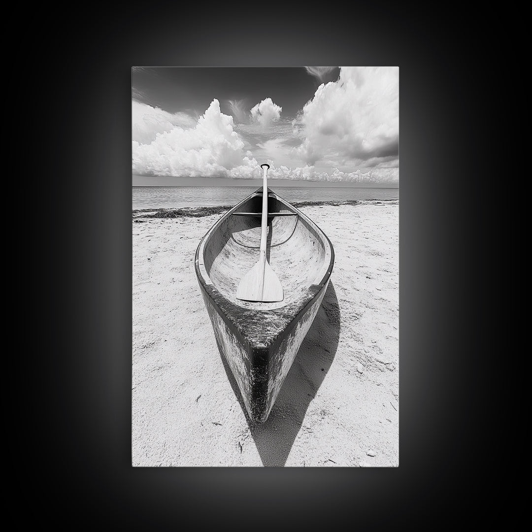 Paddle, Canoe, Beach, Clouds - Summer boating scene, Canvas Print, ideal bathroom or guestroom nautical art, rustic coastal boho wall decor
