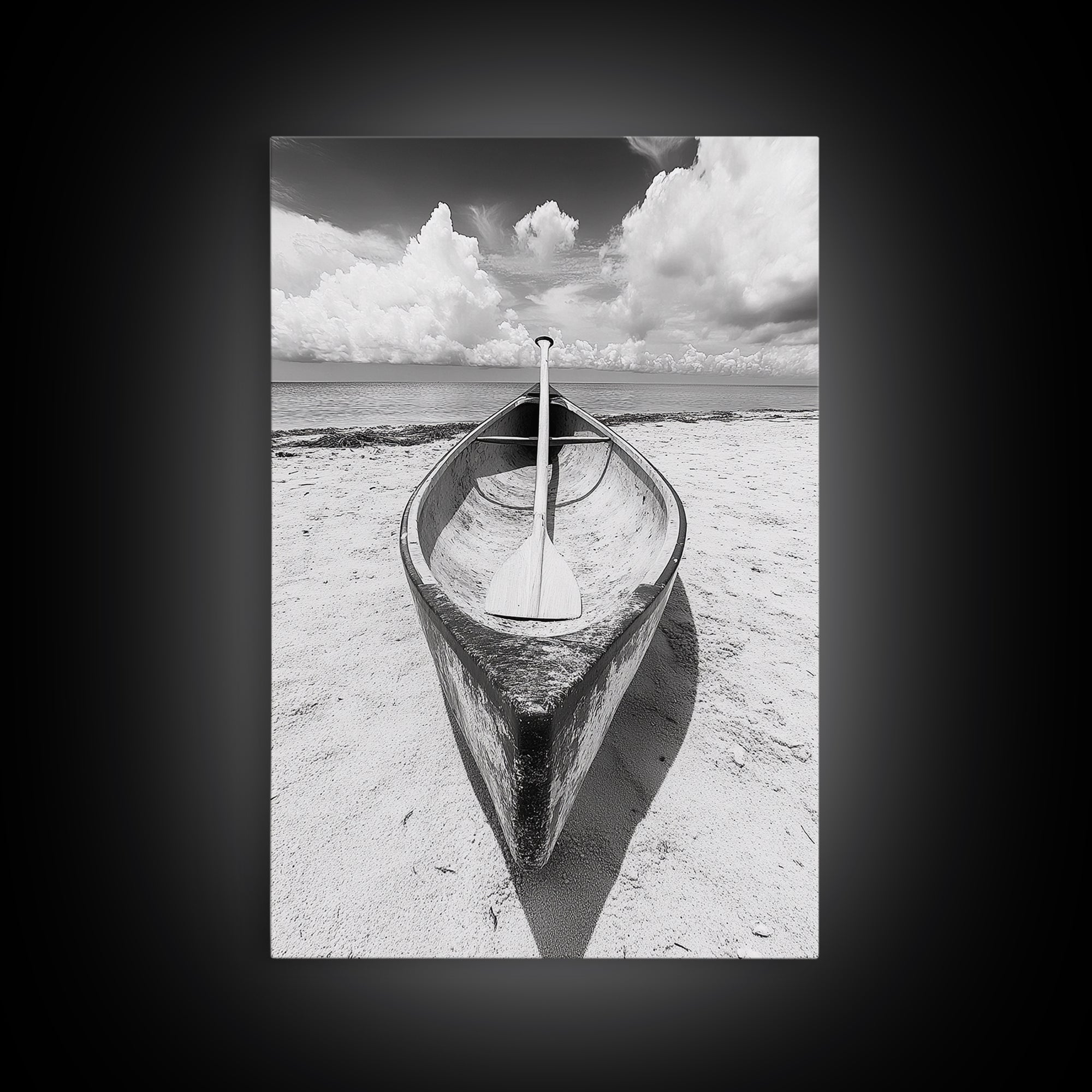 Paddle, Canoe, Beach, Clouds - Summer boating scene, Canvas Print, ideal bathroom or guestroom nautical art, rustic coastal boho wall decor