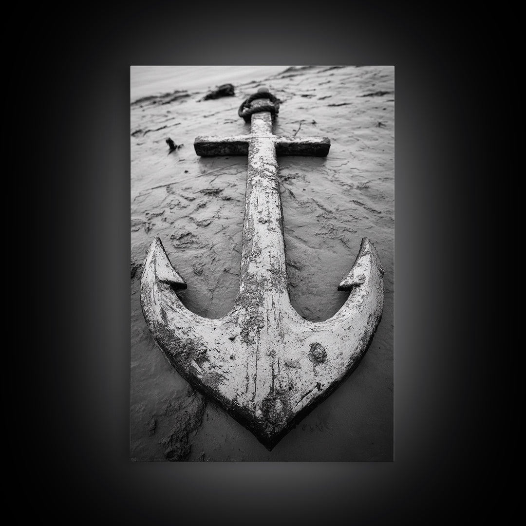 Abandoned Anchor, Nautical Decor, Black White Beach, Framed Canvas Print, Rustic Coastal Wall Art, Entryway Nautical Accent