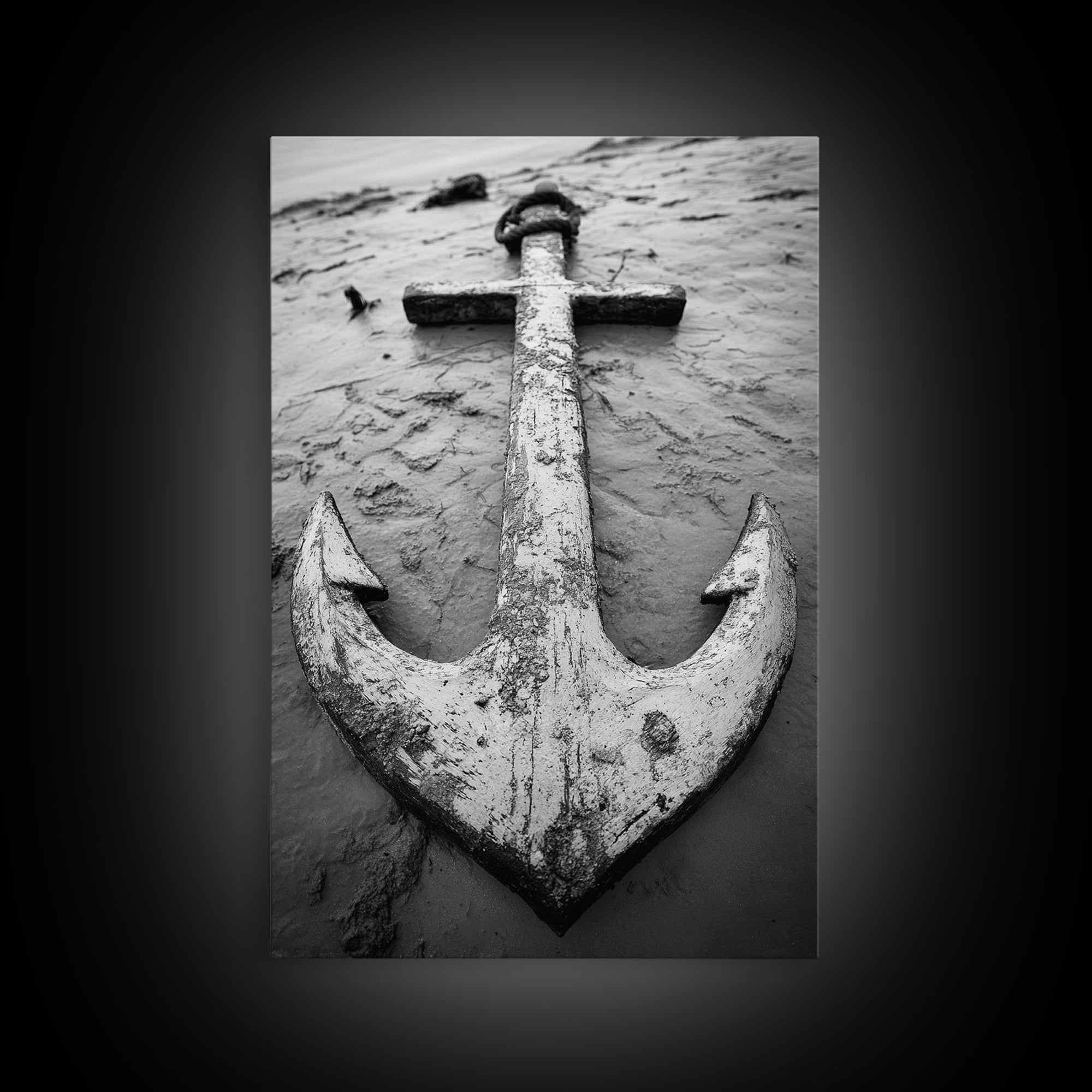 Abandoned Anchor, Nautical Decor, Black White Beach, Framed Canvas Print, Rustic Coastal Wall Art, Entryway Nautical Accent