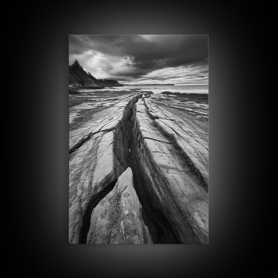 Coastal Rock Divide, Nature Pathway, Moody Beach Print, Living Room Decor, Framed Canvas Print, Minimalist Earthy Wall Art, Den Decor