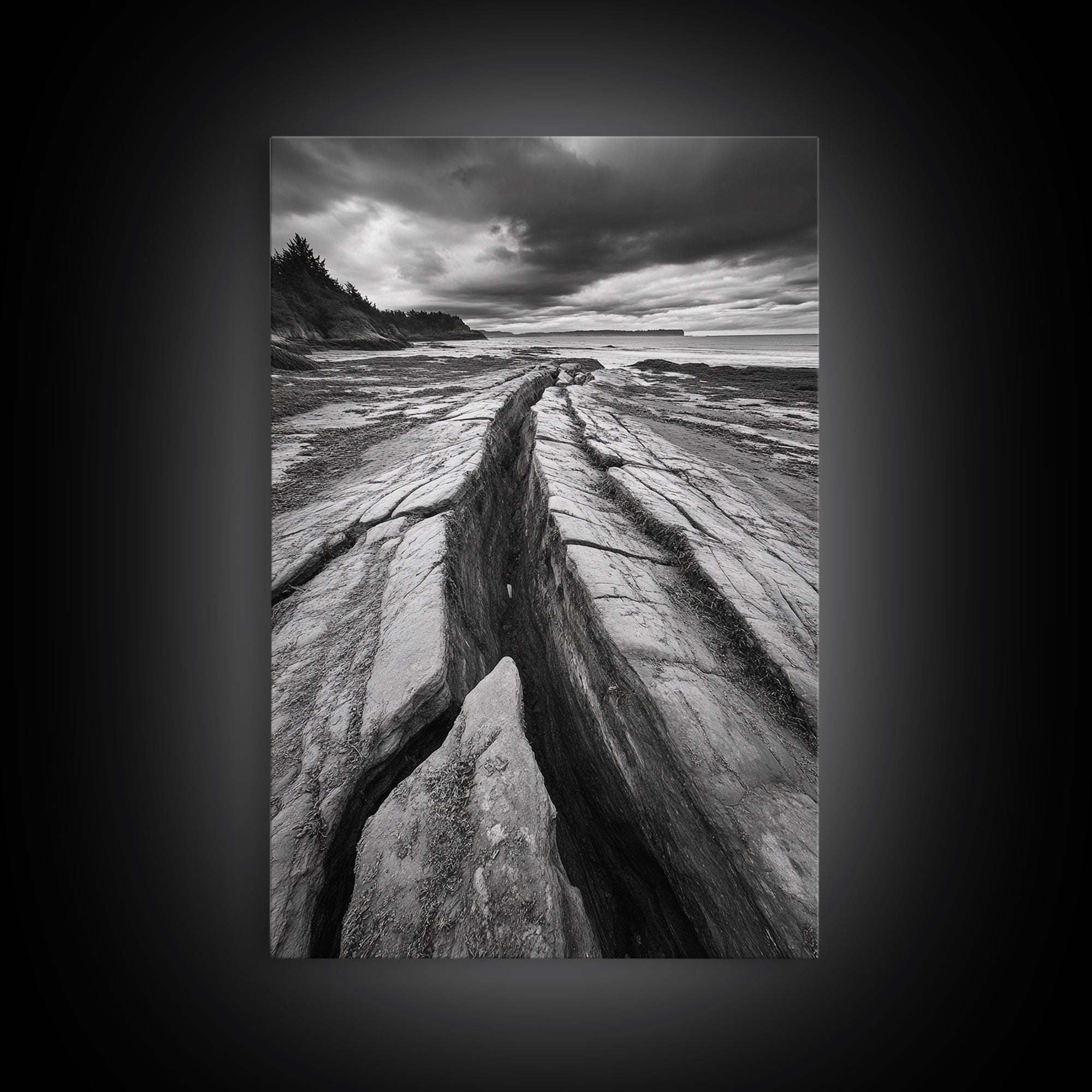 Coastal Rock Divide, Nature Pathway, Moody Beach Print, Living Room Decor, Framed Canvas Print, Minimalist Earthy Wall Art, Den Decor