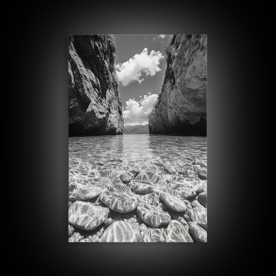 Clear Waterscape, Rocky Shoreline, Tropical Escape, Nature Photography, Framed Canvas Print, Beach House Coastal Wall Art