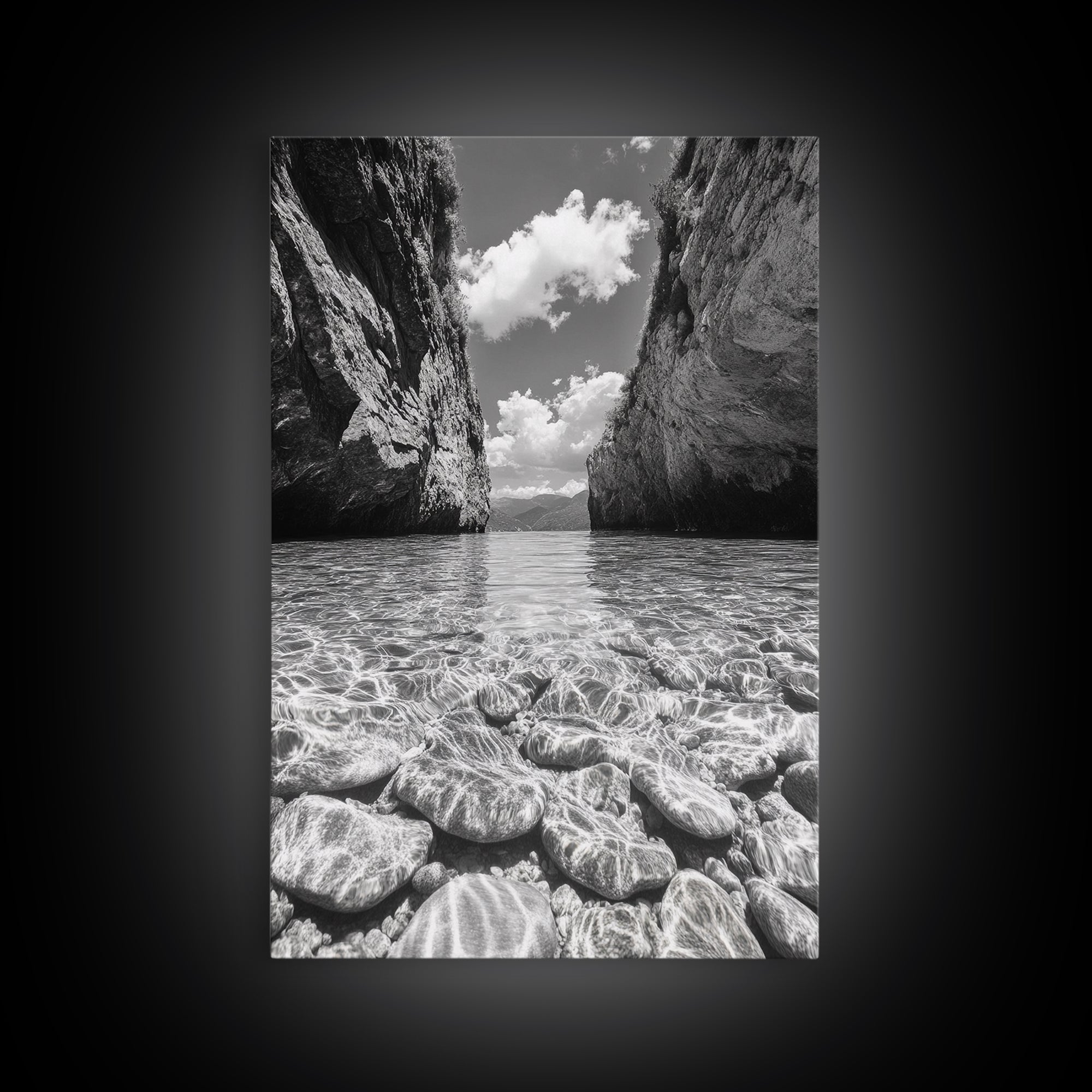 Clear Waterscape, Rocky Shoreline, Tropical Escape, Nature Photography, Framed Canvas Print, Beach House Coastal Wall Art