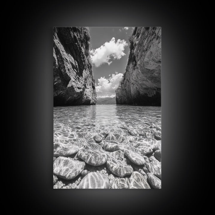 Clear Waterscape, Rocky Shoreline, Tropical Escape, Nature Photography, Framed Canvas Print, Beach House Coastal Wall Art