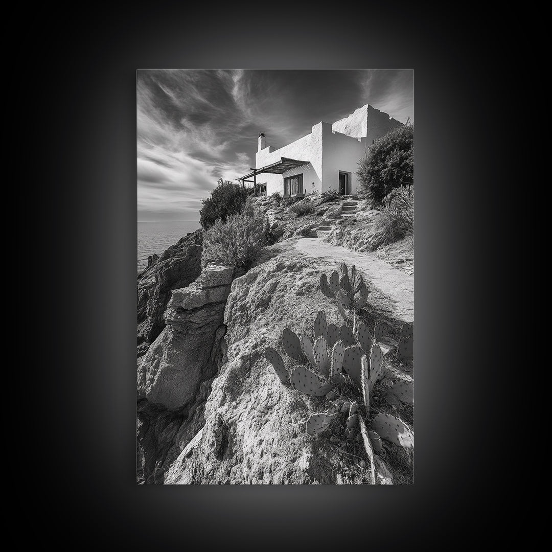 Cliffside Villa, Mediterranean Home, Desert Garden, Rustic Landscape Print, Framed Canvas Print, Modern Boho Living Room Art