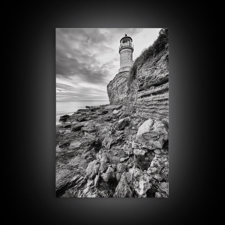 Lighthouse Beacon, Rocky Shoreline, Nautical Coastal Scene, Framed Canvas Print, Ocean View Art, Seaside Living Room Wall Decor