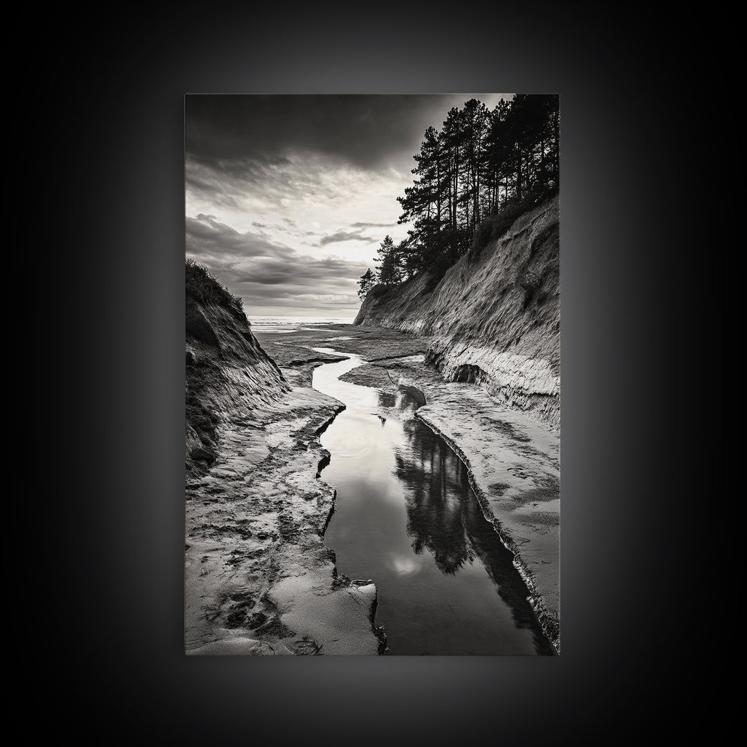 River Canyon, Dramatic Sky, Nature Pathway, Canvas Print, Adventure Wall Art, Cabin Decor, Black White Landscape Photography