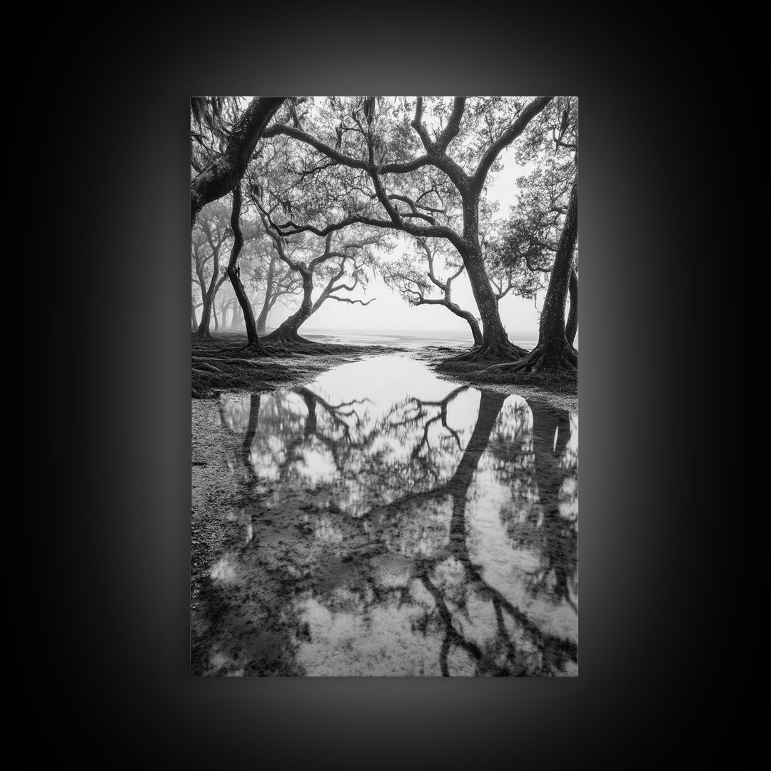 Misty Forest Trees, Reflection Photography, Nature Landscape, Canvas Print, Neutral Tones, Bedroom Wall Decor, Moody Autumn Forest Art