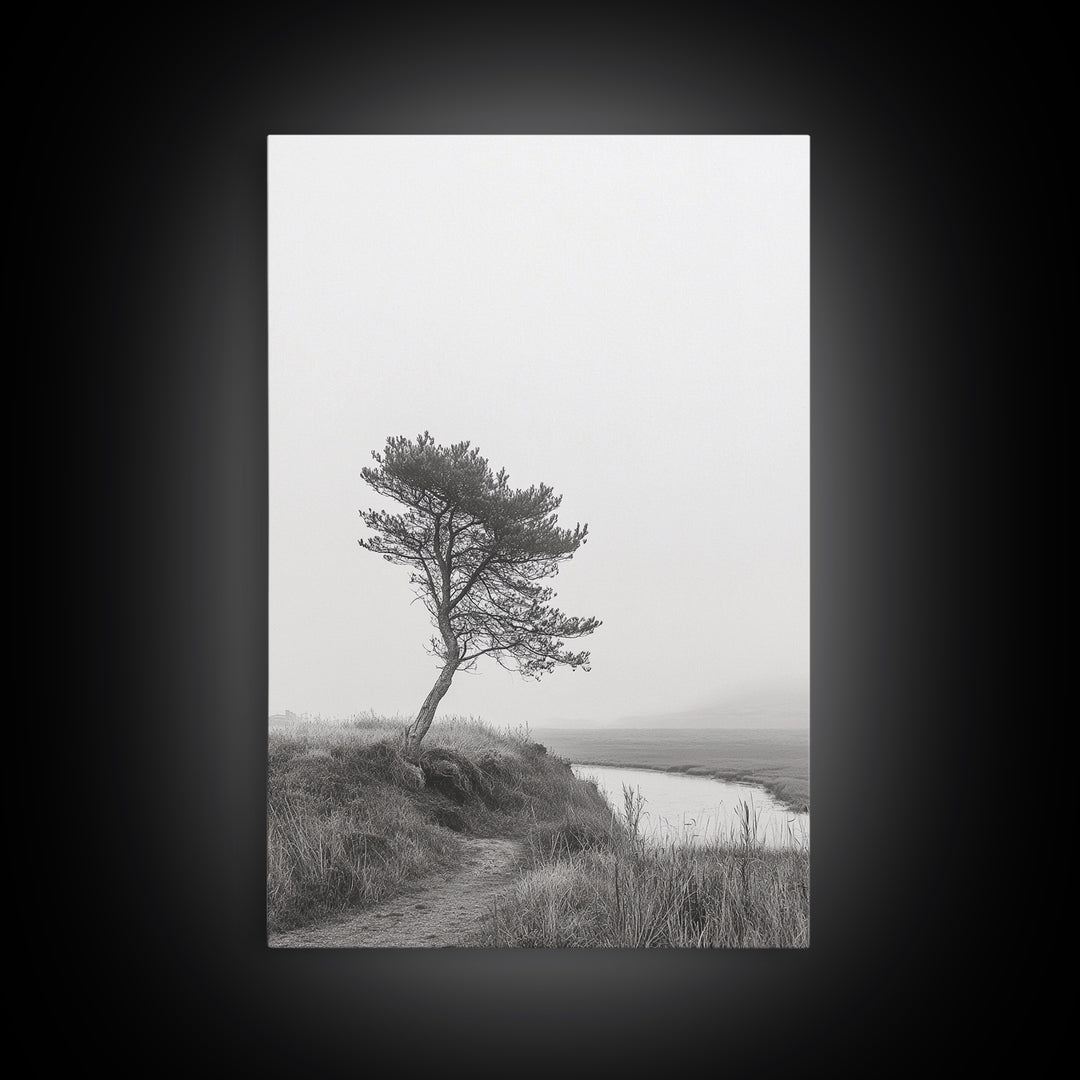Leaning Tree Path, Soft Fog Scene, Calm Landscape, Canvas Print, Serene Entryway Wall Art, Nature Photography, Minimalist Decor