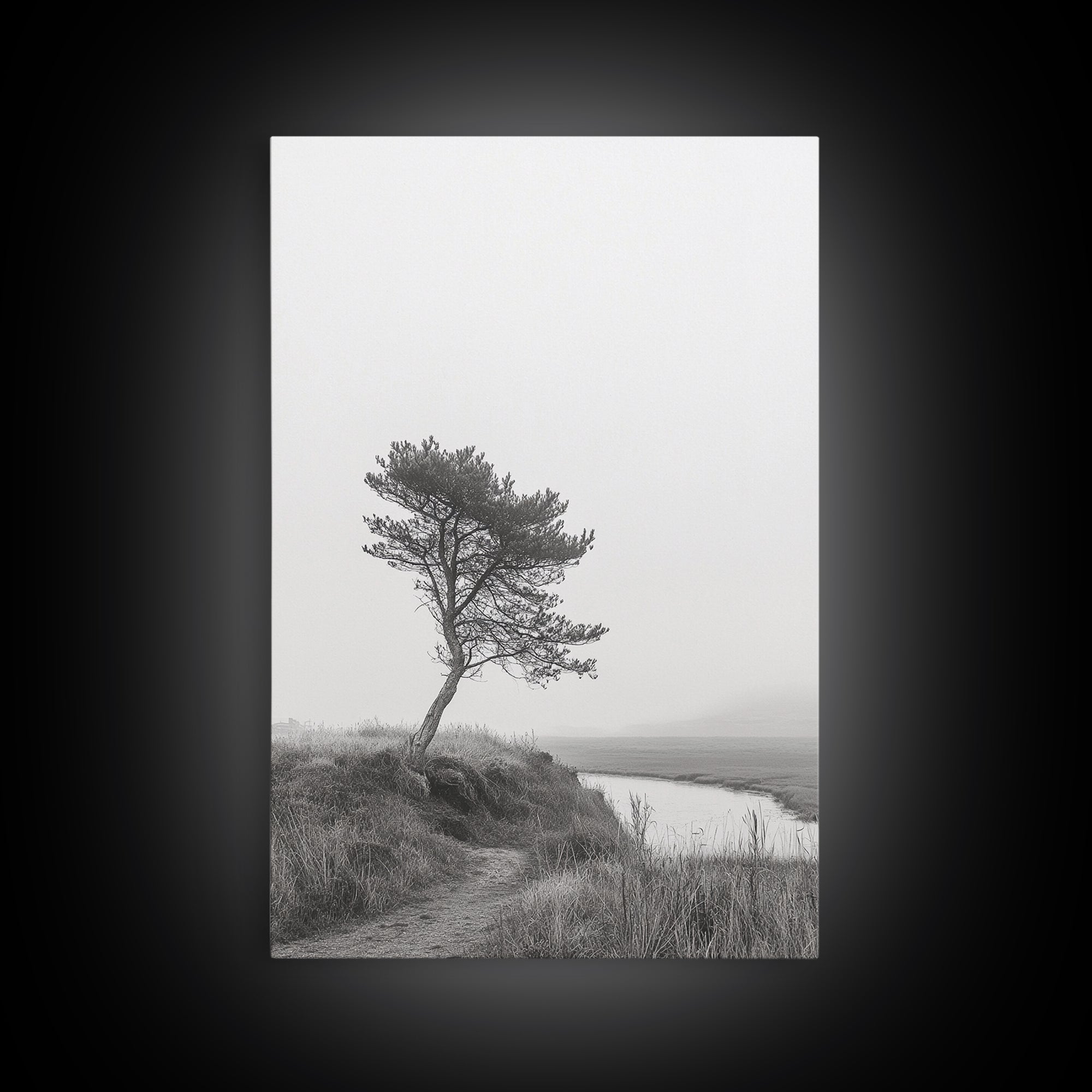 Leaning Tree Path, Soft Fog Scene, Calm Landscape, Canvas Print, Serene Entryway Wall Art, Nature Photography, Minimalist Decor