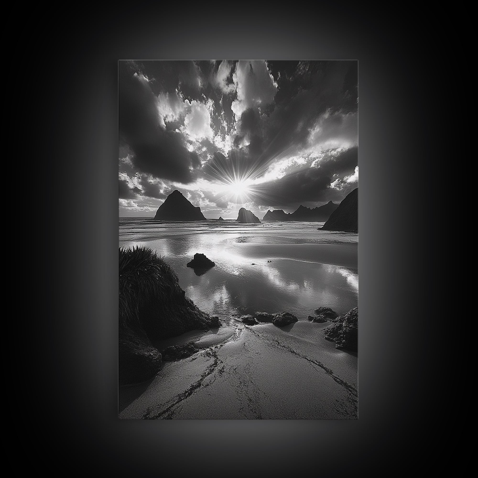 Dramatic Ocean Sunset, Coastal Mountains, Seascape Photography, Canvas Print, Stormy Sky Art, Living Room Focal Wall Decor