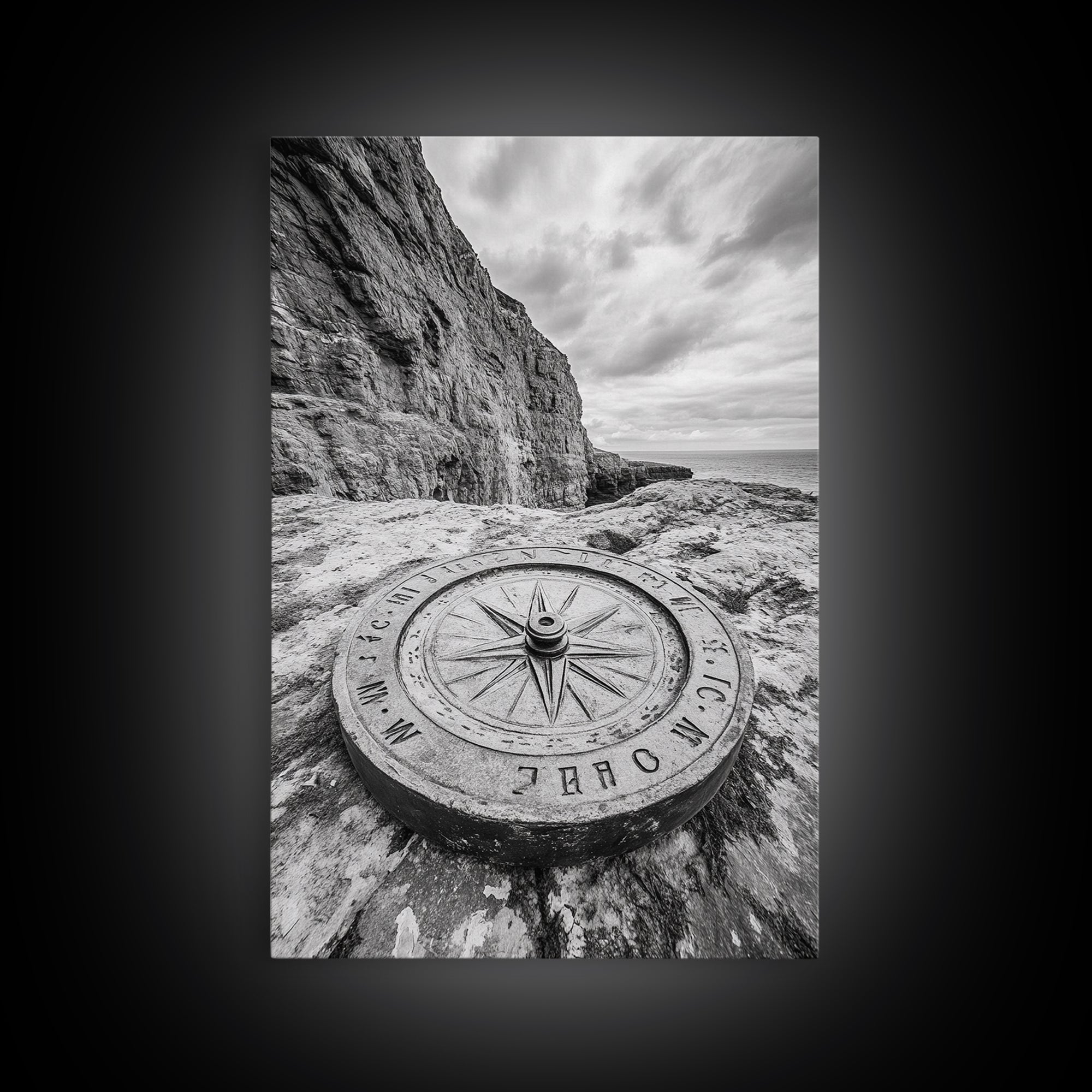 Compass On Cliff, Adventure Travel Art, Nautical Wall Decor, Framed Canvas Print, Rustic Office Art, Nature Explorer Gift Idea