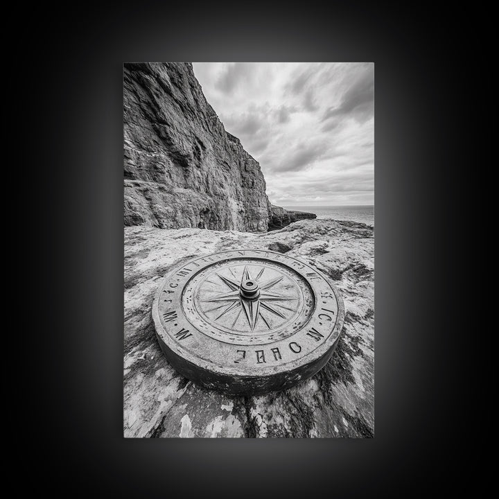 Compass On Cliff, Adventure Travel Art, Nautical Wall Decor, Framed Canvas Print, Rustic Office Art, Nature Explorer Gift Idea