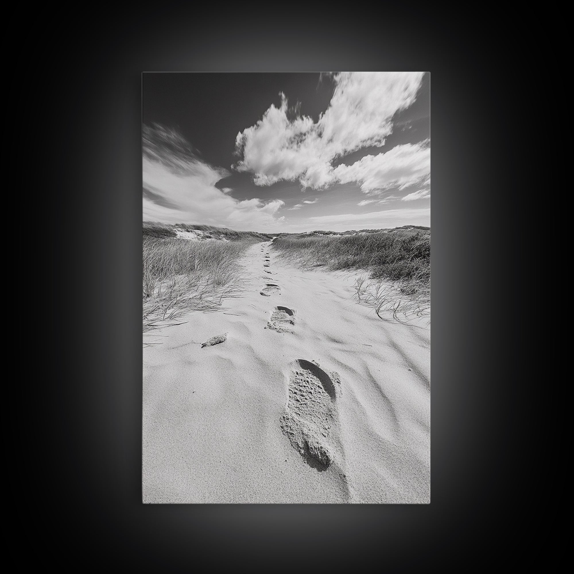 Desert Footprints Path, Dune Art, Wanderlust Vibes, Monochrome Landscape, Framed Canvas Print, Bedroom Wall Decor, Minimalist Travel