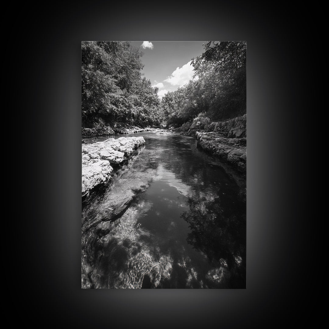 River Reflection, Nature Calm, Forest Stream, Canvas Print, Black and White Landscape Wall Art, Rustic Bathroom Decor, Tranquil Home Vibe