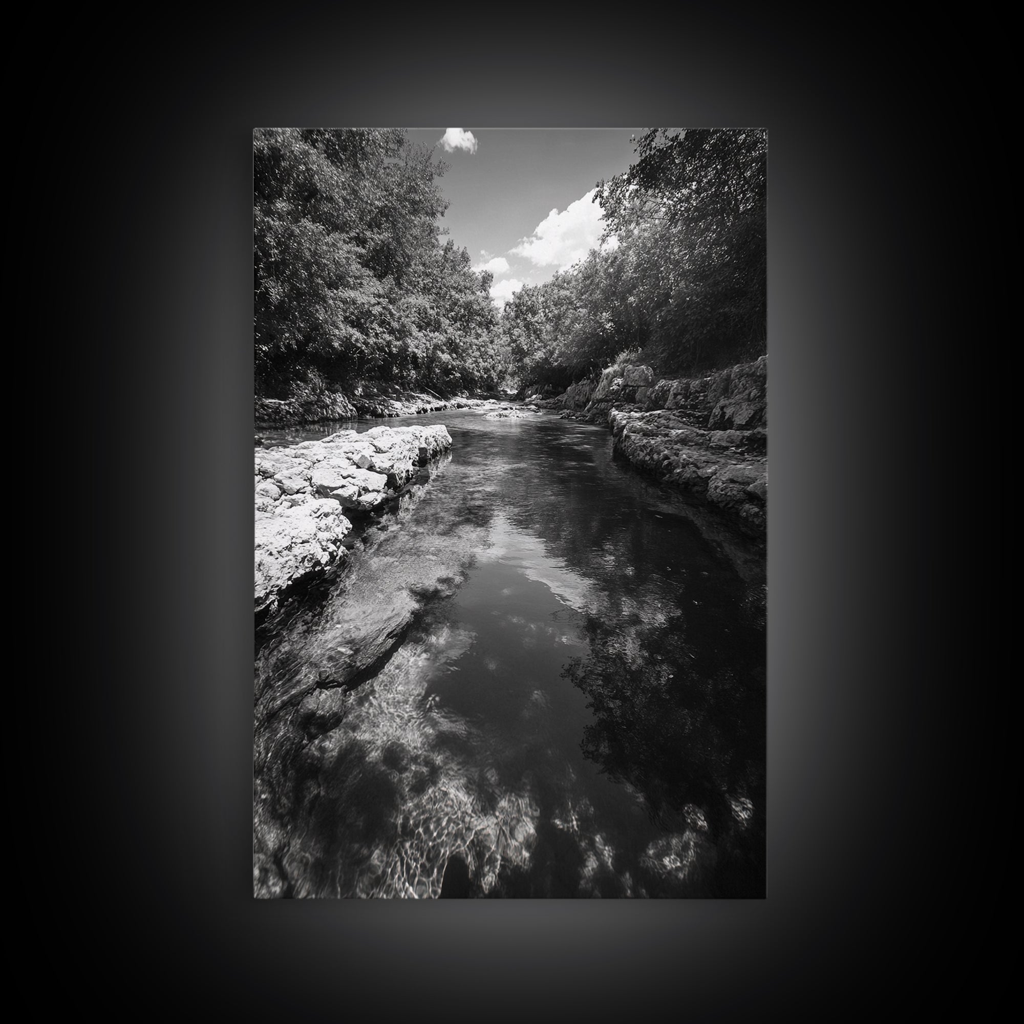 River Reflection, Nature Calm, Forest Stream, Canvas Print, Black and White Landscape Wall Art, Rustic Bathroom Decor, Tranquil Home Vibe