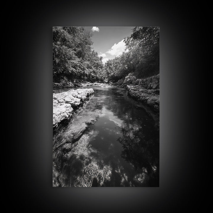 River Reflection, Nature Calm, Forest Stream, Canvas Print, Black and White Landscape Wall Art, Rustic Bathroom Decor, Tranquil Home Vibe