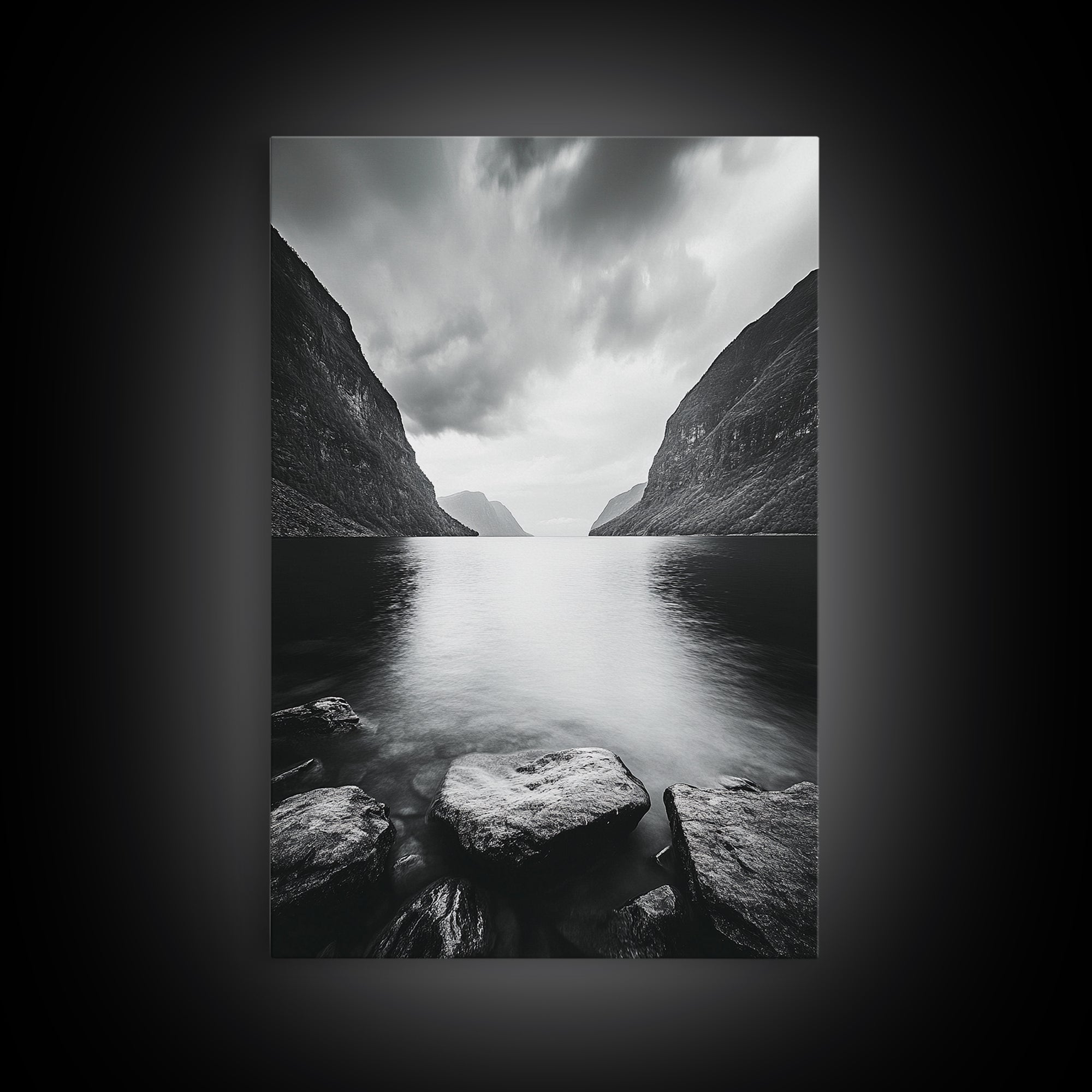 Mountain Lake, Nordic Fjord, Moody Water, Framed Canvas Print, Minimalist Wall Art, Serene Living Room Decor, Monochrome Nature Scene