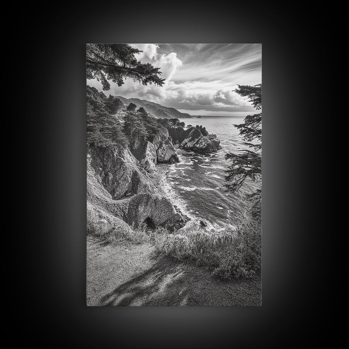 Coastal Cliff, Ocean View, Rocky Shoreline, Framed Canvas Print, Black and White Art, Coastal Living Wall Decor, Nature Landscape Art