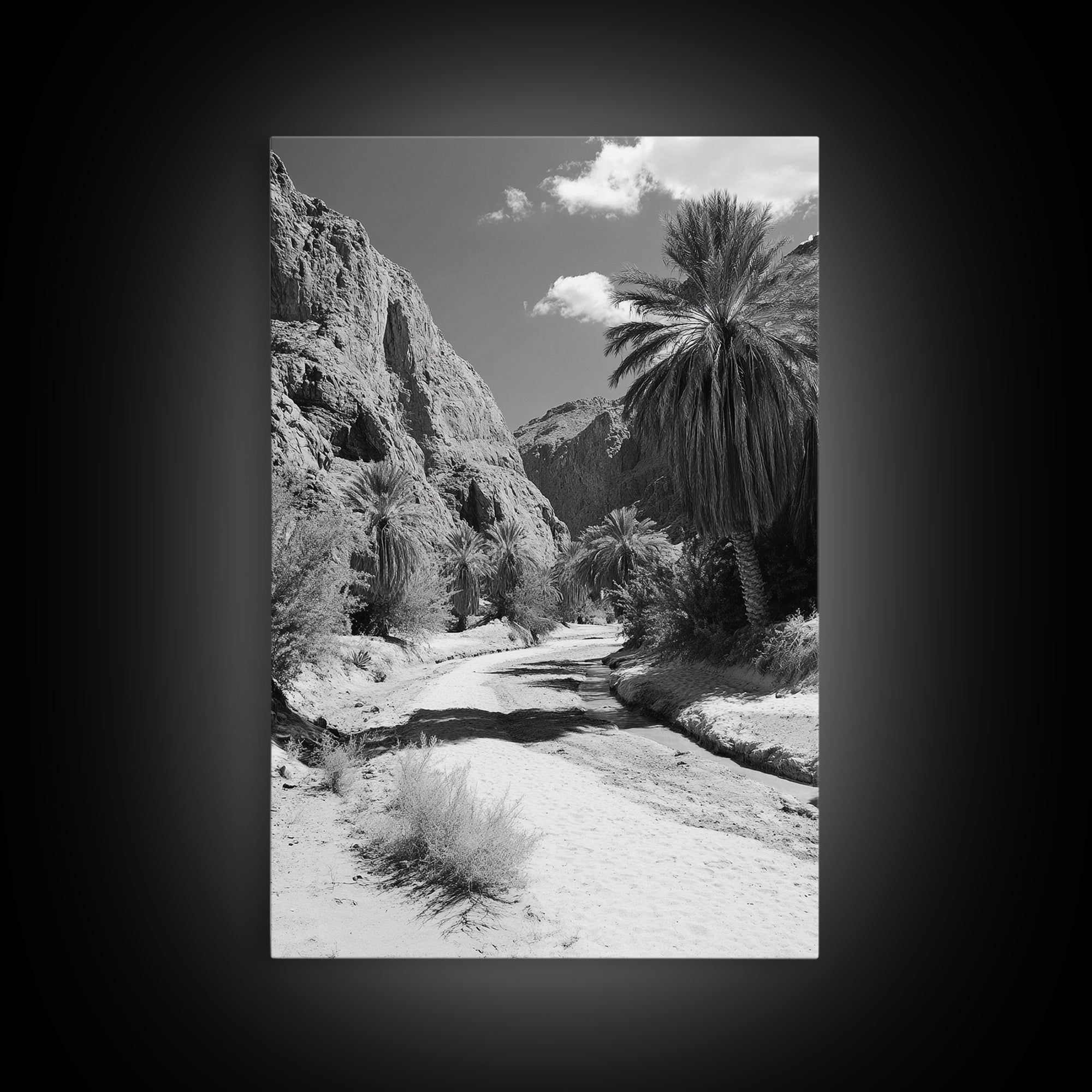 Desert Oasis, Palm Trees, Canyon Trail, Framed Canvas Print, Nature Photography Art, Warm Boho Wall Decor, Rustic Entryway Accent