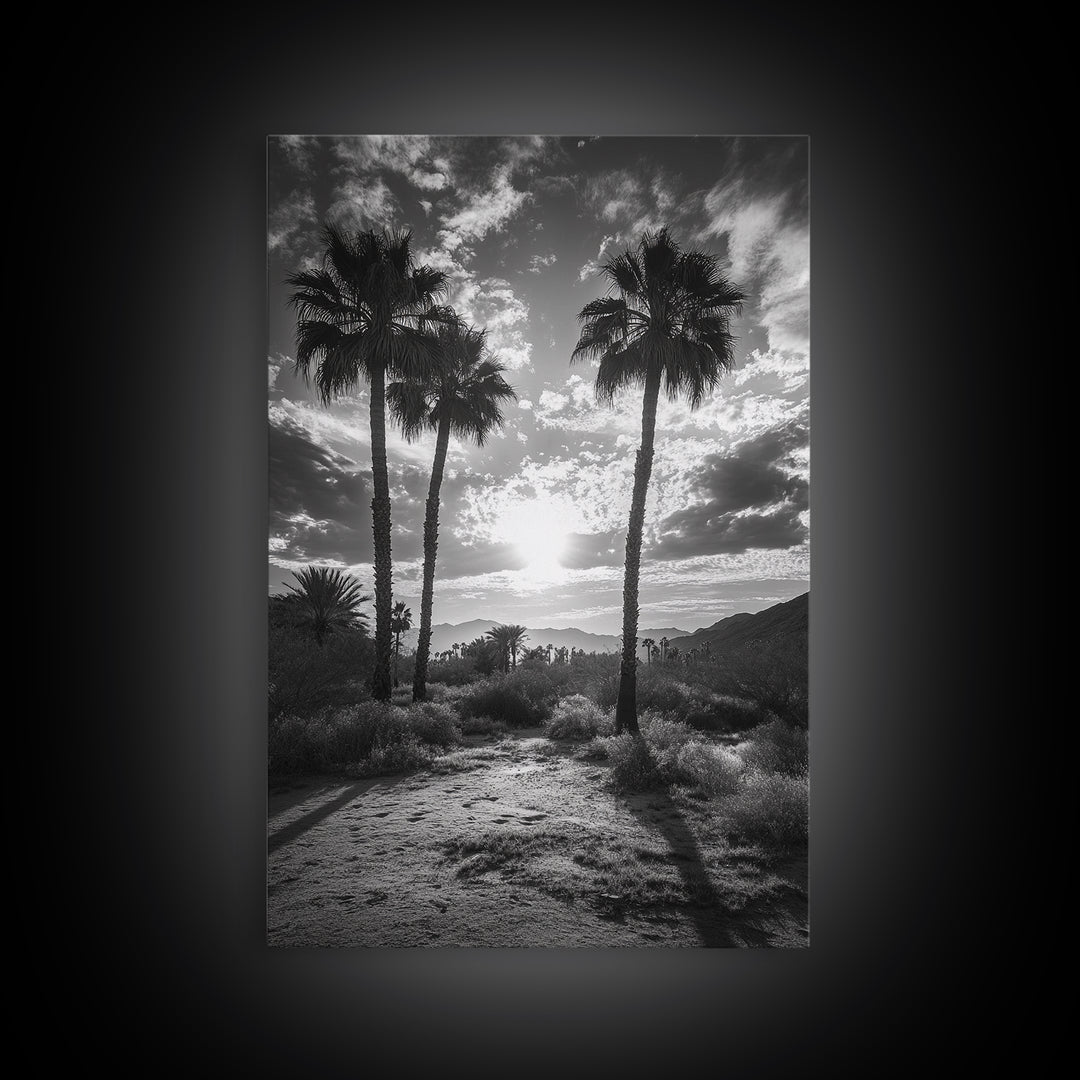 Palm Sunset, Desert Light, Silhouetted Trees, Framed Canvas Print, Tropical Boho Wall Art, Sunset Living Room Decor, Moody Nature Style