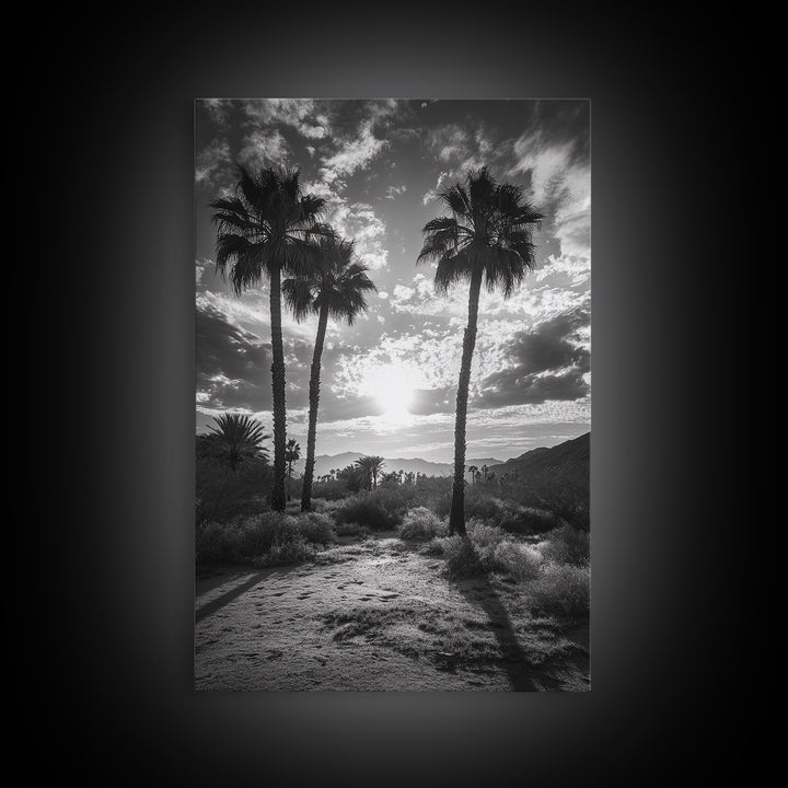 Palm Sunset, Desert Light, Silhouetted Trees, Framed Canvas Print, Tropical Boho Wall Art, Sunset Living Room Decor, Moody Nature Style