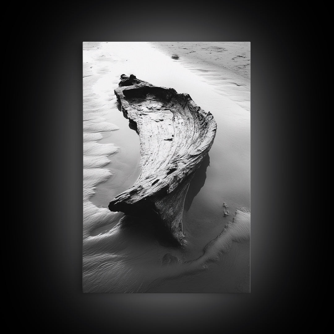 Driftwood Shore, Tidal Beauty, Washed Wood, Canvas Print, Coastal Beach Wall Art, Minimalist Bathroom Decor, Black and White Ocean Scene