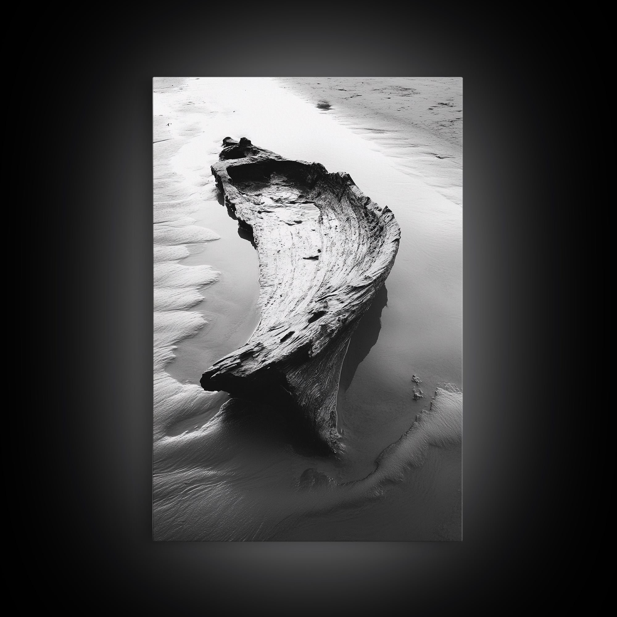 Driftwood Shore, Tidal Beauty, Washed Wood, Canvas Print, Coastal Beach Wall Art, Minimalist Bathroom Decor, Black and White Ocean Scene