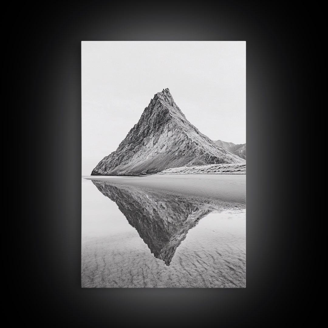 Mountain Mirror, Coastal Peak, Serene Beach, Canvas Print, Minimalist Landscape Art, Modern Living Room Wall Decor, Monochrome Nature Style