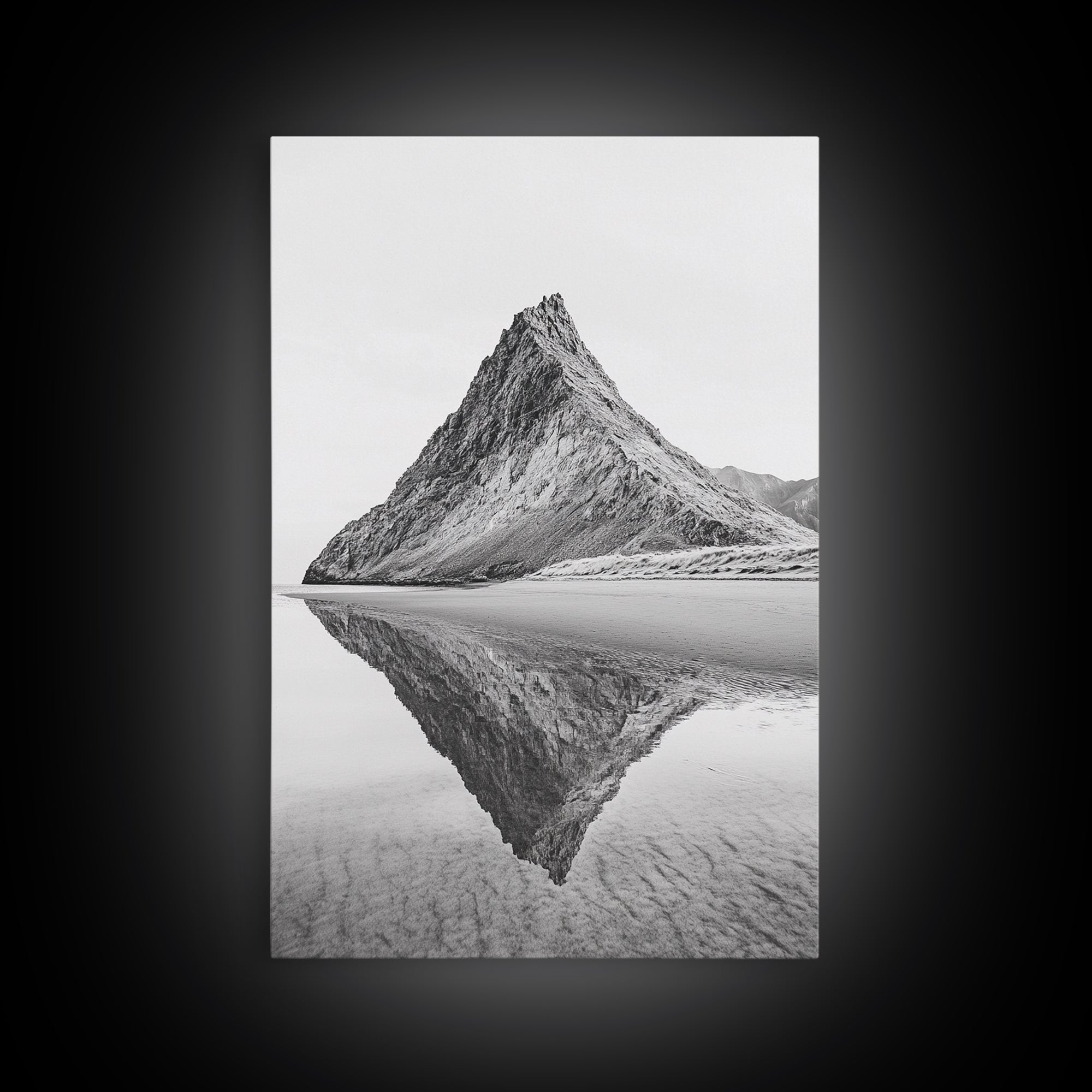 Mountain Mirror, Coastal Peak, Serene Beach, Canvas Print, Minimalist Landscape Art, Modern Living Room Wall Decor, Monochrome Nature Style