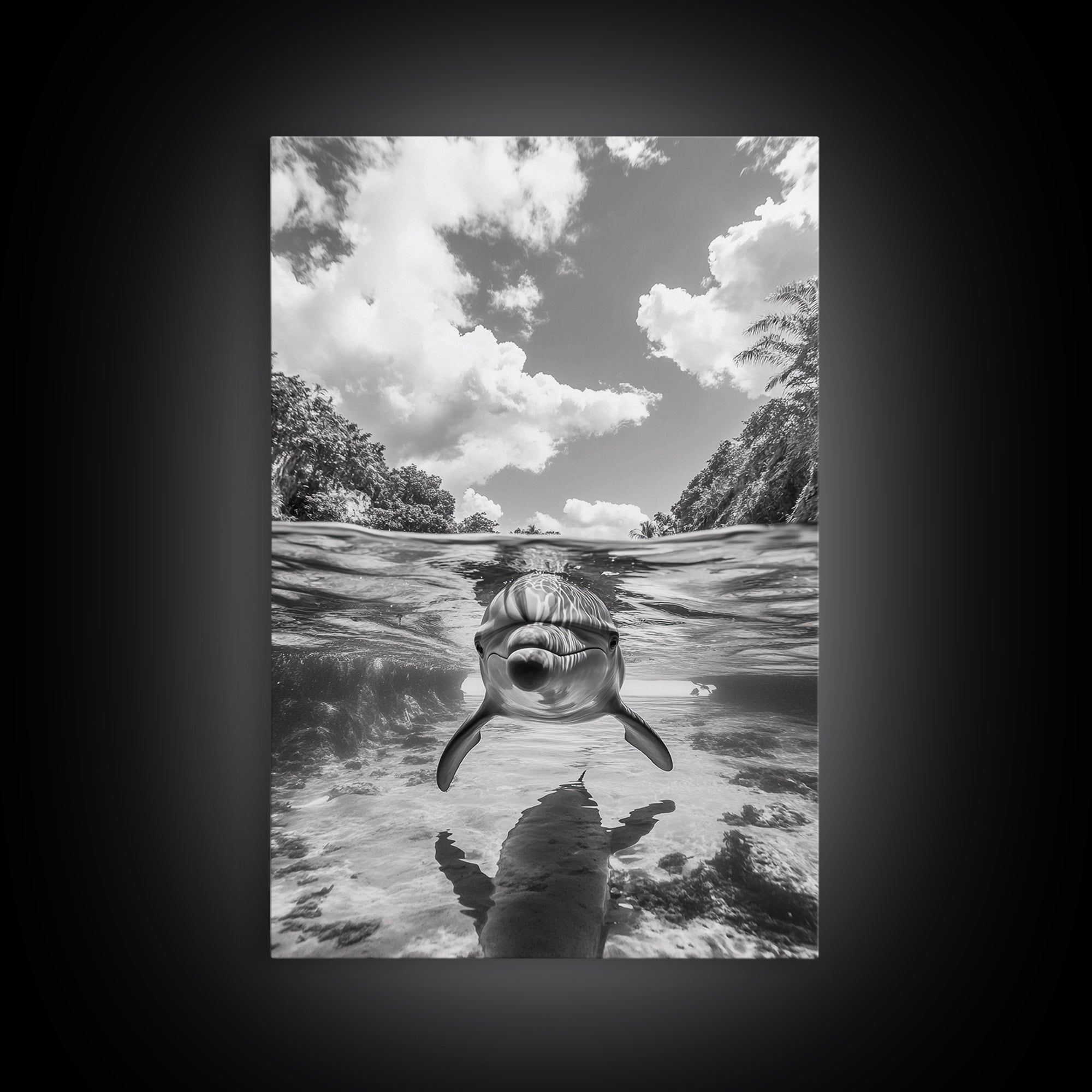 Dolphin Play, Ocean Joy, Underwater View, Canvas Print, Nautical Wall Art, Coastal Bathroom Decor, Playful Beach House Style