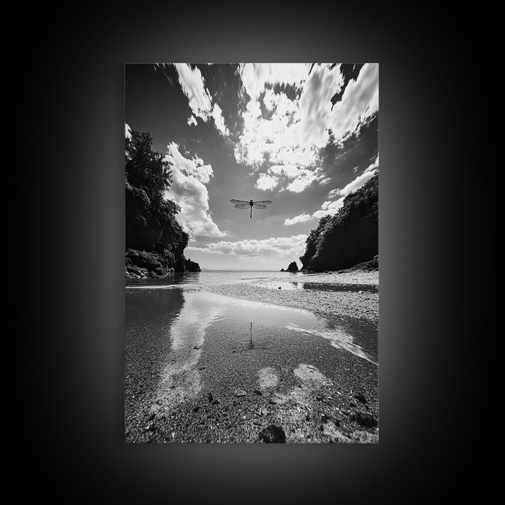 Dragonfly Flight, Beach View, Nature Dream, Framed Canvas Print, Whimsical Wall Art, Surreal Living Room Decor, Black and White Nature Style