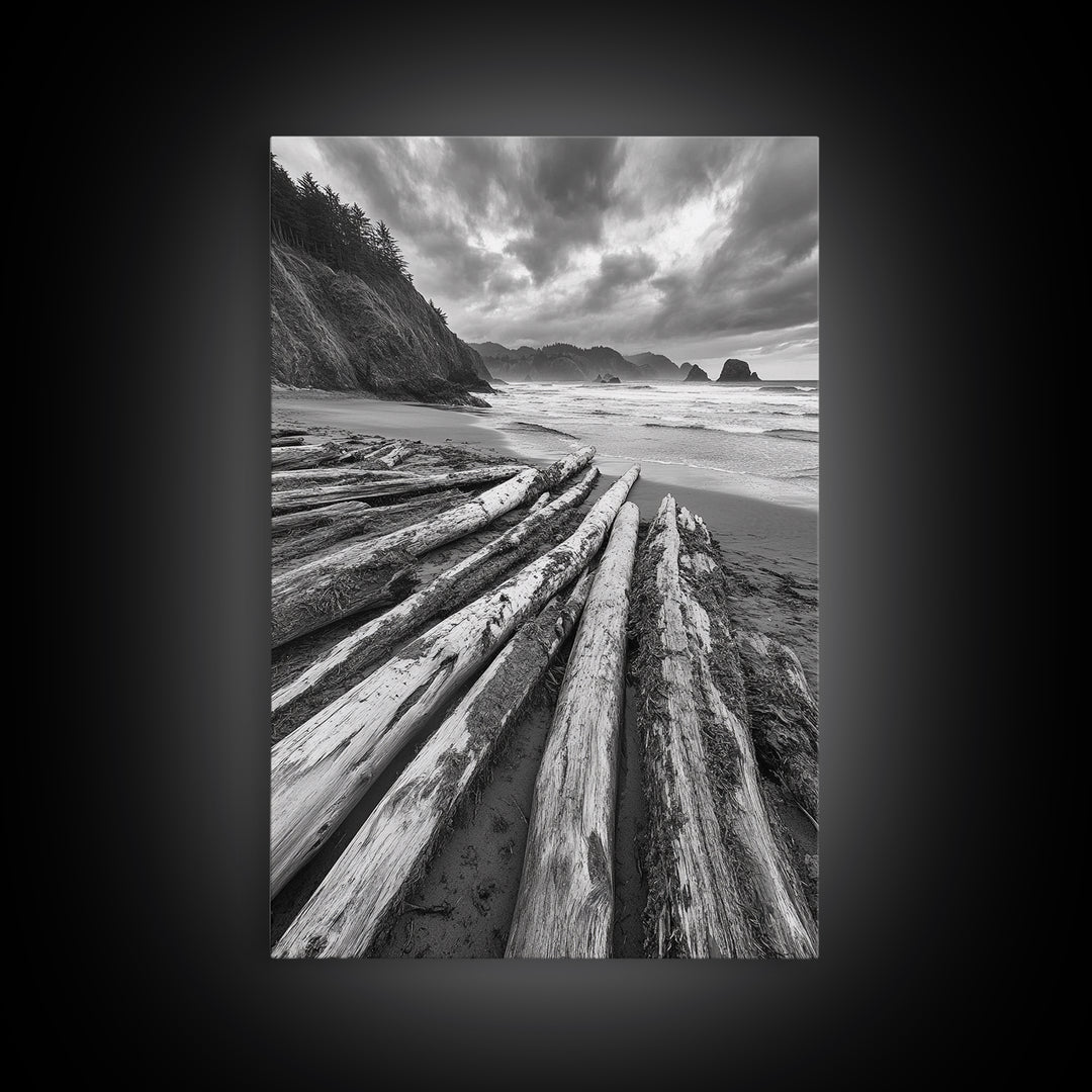 Driftwood Beach, Coastal Logs, Wild Shore, Canvas Print, Rustic Ocean Wall Art, Cabin Bathroom Decor, Nature Inspired Photography