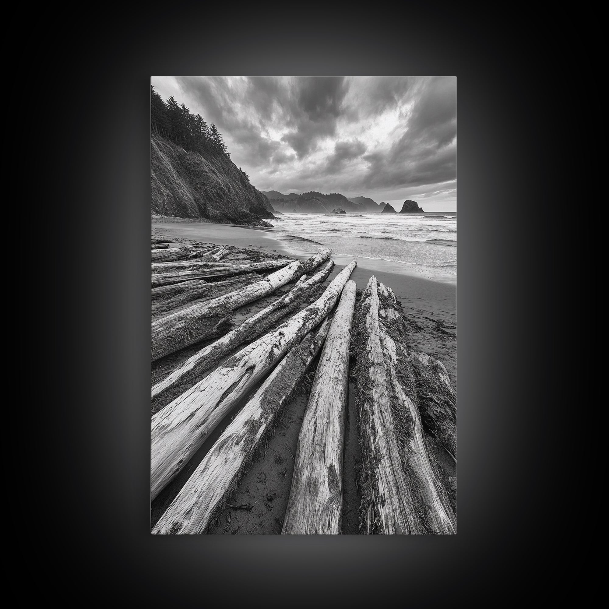 Driftwood Beach, Coastal Logs, Wild Shore, Canvas Print, Rustic Ocean Wall Art, Cabin Bathroom Decor, Nature Inspired Photography