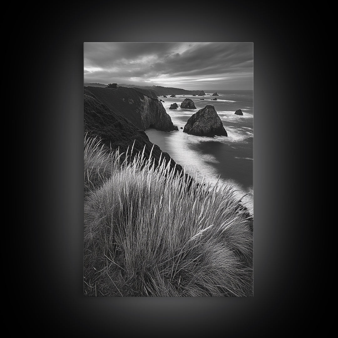 Coastal Cliffs, Ocean Rocks, Tall Grass, Canvas Print, Windswept Landscape Art, Beach House Wall Decor, Monochrome Nature Scene