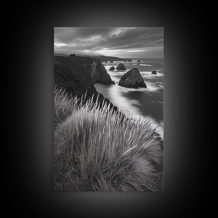 Coastal Cliffs, Ocean Rocks, Tall Grass, Canvas Print, Windswept Landscape Art, Beach House Wall Decor, Monochrome Nature Scene