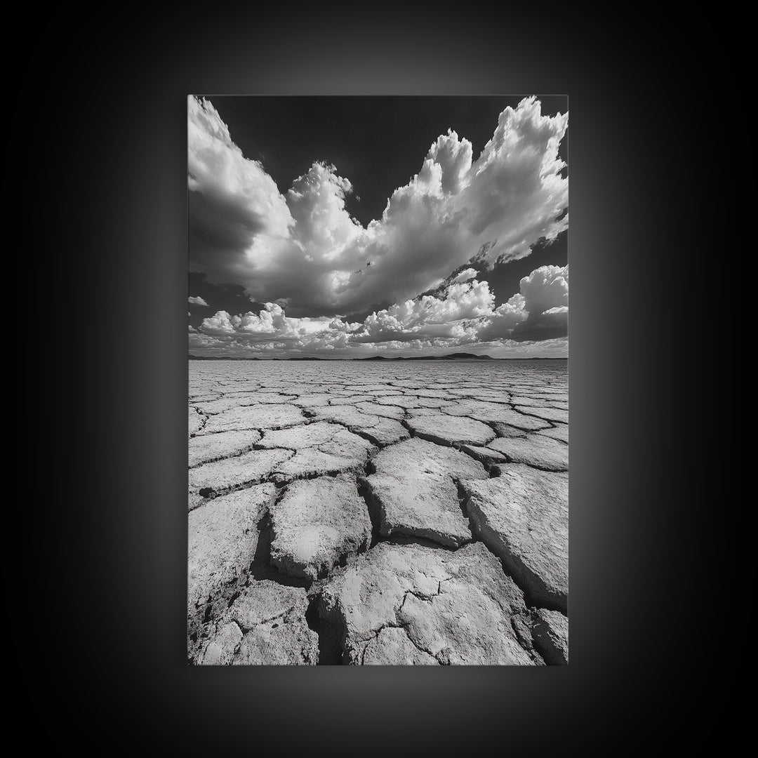 Cracked Earth, Storm Sky, Desert View, Framed Canvas Print, Dramatic Landscape Art, Modern Living Room Decor, Moody Minimalist Wall Art