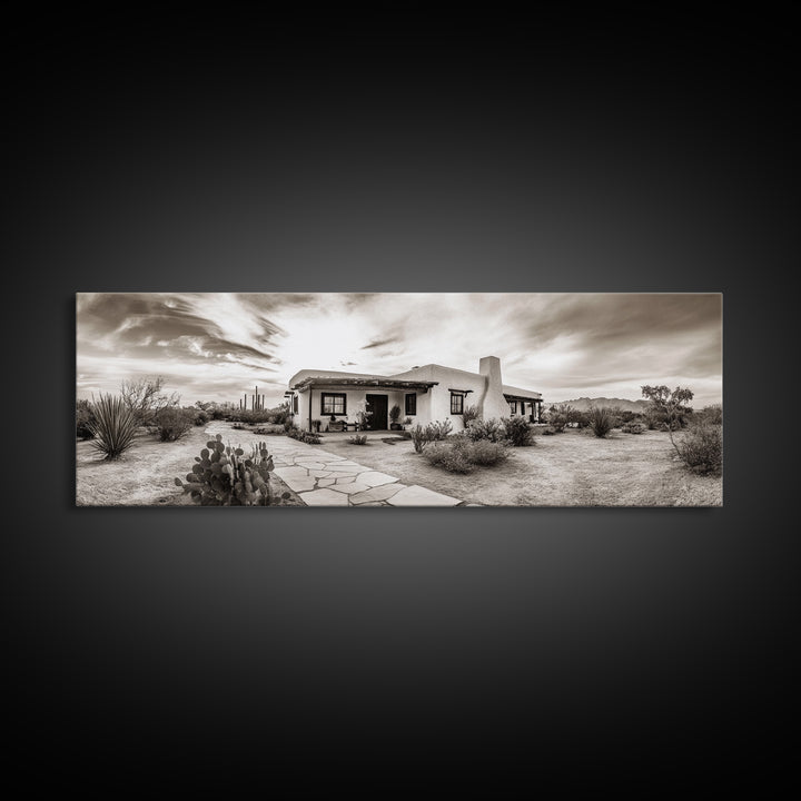 Desert Home, Adobe House, Rustic Pathway, Cactus Garden, Framed Canvas Print, Southwestern Decor, Living Room Wall Art, Western Aesthetic