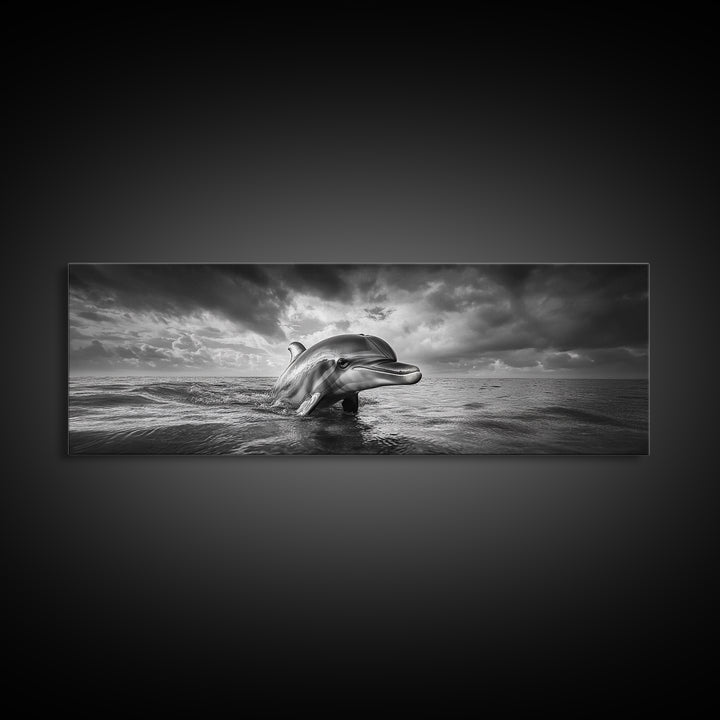 Dolphin Ocean Art, Playful Sea Animal Print, Modern Coastal Decor, Framed Canvas Print, Bathroom Wall Art, Nature Photography