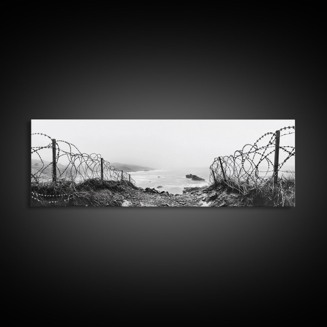 Barbed Coast, Foggy Beach, War Fence, Ocean Boundary, Framed Canvas Print, Industrial Wall Art, Living Room Decor, Black and White Art