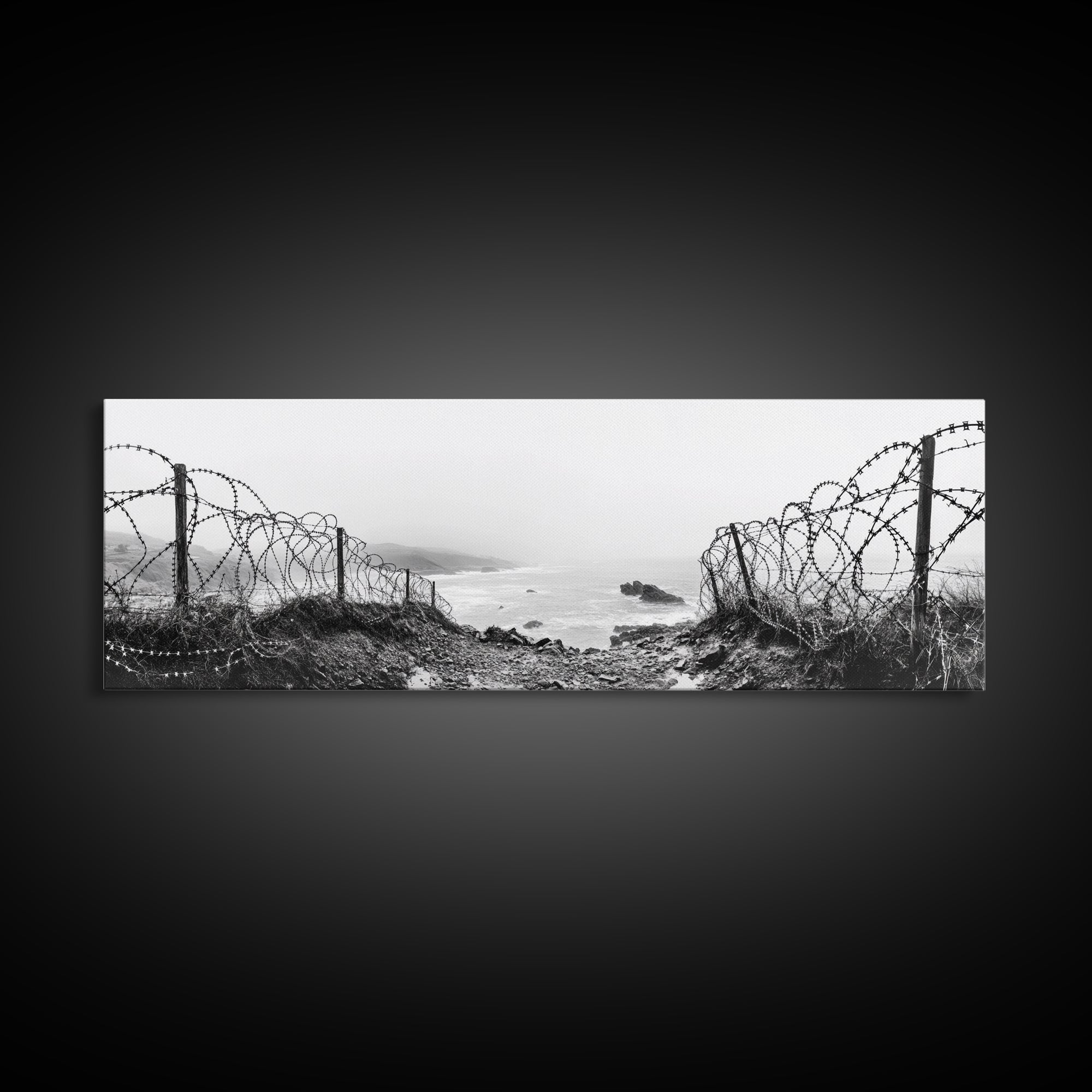 Barbed Coast, Foggy Beach, War Fence, Ocean Boundary, Framed Canvas Print, Industrial Wall Art, Living Room Decor, Black and White Art